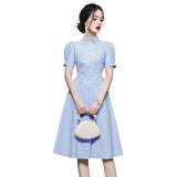 New Elegant Temperament Collar Bubble Sleeves In The Summer Of 2025, Showing Thin Splicing Striped Dress HZ1225