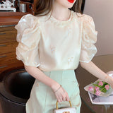 French Small Fragrant Bubble Sleeve Heavy Industrial Nail Bead Chiffon Shirt 2025 Summer New Embroidery Design Sense Of Gas Coat HZ1225