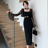 2025 Autumn Temperament New Lace Open-Shirt Jacket Top + Sling Bottom Dress Two-Piece HZ1225