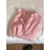 Tiansi Cotton Pink Shirt Coat Female Summer Lazy Wind Polo Collar Linen Sun-Stle-Lined Loose Top HZ1225