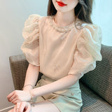 French Small Fragrant Bubble Sleeve Heavy Industrial Nail Bead Chiffon Shirt 2025 Summer New Embroidery Design Sense Of Gas Coat HZ1225