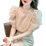 French Small Fragrant Bubble Sleeve Heavy Industrial Nail Bead Chiffon Shirt 2025 Summer New Embroidery Design Sense Of Gas Coat HZ1225