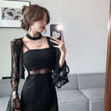 2025 Autumn Temperament New Lace Open-Shirt Jacket Top + Sling Bottom Dress Two-Piece HZ1225