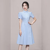 New Elegant Temperament Collar Bubble Sleeves In The Summer Of 2025, Showing Thin Splicing Striped Dress HZ1225