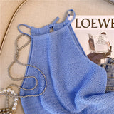 Thin Ice Silk Knitted Sling Vest Women's Summer French Sweet Spicy Wind Hollow Hanging Neck Short Sleeveless Cut Shoulder Coat HZ1225