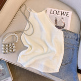 Thin Ice Silk Knitted Sling Vest Women's Summer French Sweet Spicy Wind Hollow Hanging Neck Short Sleeveless Cut Shoulder Coat HZ1225