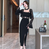 2025 Autumn Temperament New Lace Open-Shirt Jacket Top + Sling Bottom Dress Two-Piece HZ1225