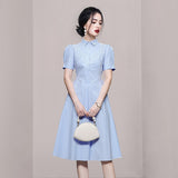 New Elegant Temperament Collar Bubble Sleeves In The Summer Of 2025, Showing Thin Splicing Striped Dress HZ1225