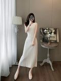 French Elegant Sleeveless Round-Necked Pearl Knitted Long Dress Summer New High-End Simple Dress HZ1225