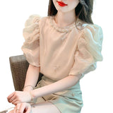 French Small Fragrant Bubble Sleeve Heavy Industrial Nail Bead Chiffon Shirt 2025 Summer New Embroidery Design Sense Of Gas Coat HZ1225