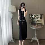 French Elegant Sleeveless Round-Necked Pearl Knitted Long Dress Summer New High-End Simple Dress HZ1225