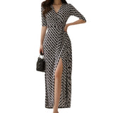 2025 Summer Dress New Korean Version Of OL Temperament V-Neck Collar With Printed Retro Dress Fashion Dress HZ1225