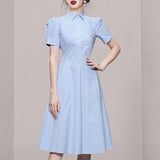 New Elegant Temperament Collar Bubble Sleeves In The Summer Of 2025, Showing Thin Splicing Striped Dress HZ1225