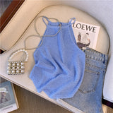 Thin Ice Silk Knitted Sling Vest Women's Summer French Sweet Spicy Wind Hollow Hanging Neck Short Sleeveless Cut Shoulder Coat HZ1225