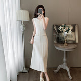 French Elegant Sleeveless Round-Necked Pearl Knitted Long Dress Summer New High-End Simple Dress HZ1225
